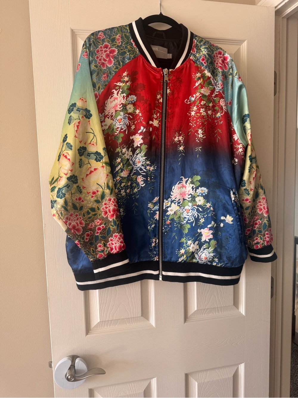 ASOS Floral Ombre Satin Bomber Jacket in Red and Blue